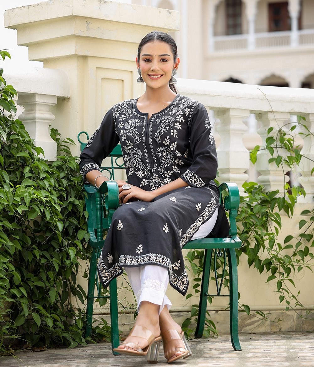 Black Lucknowi Chikankari Cotton Kurta Pant Set - swadeshsouq.com