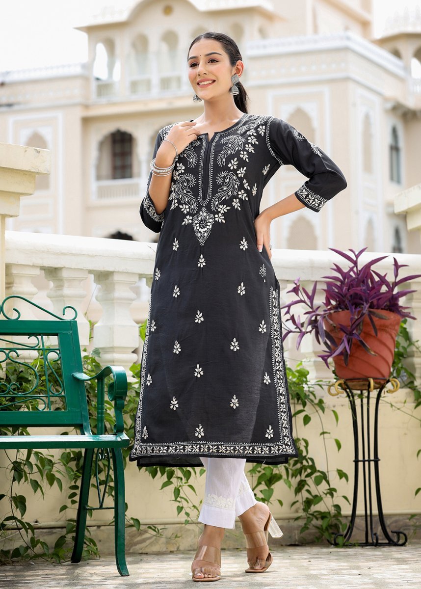 Black Lucknowi Chikankari Cotton Kurta Pant Set - swadeshsouq.com