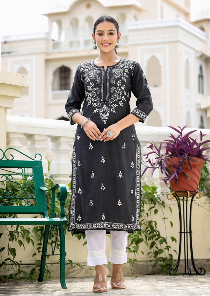 Black Lucknowi Chikankari Cotton Kurta Pant Set - swadeshsouq.com