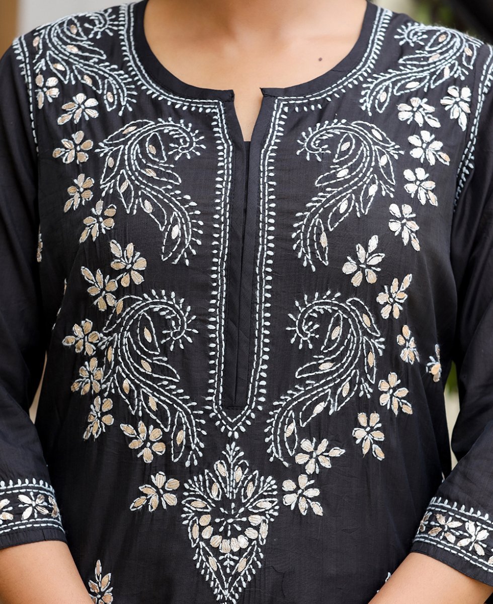 Black Lucknowi Chikankari Cotton Kurta Pant Set - swadeshsouq.com