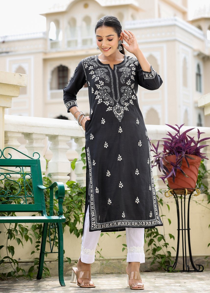 Black Lucknowi Chikankari Cotton Kurta Pant Set - swadeshsouq.com