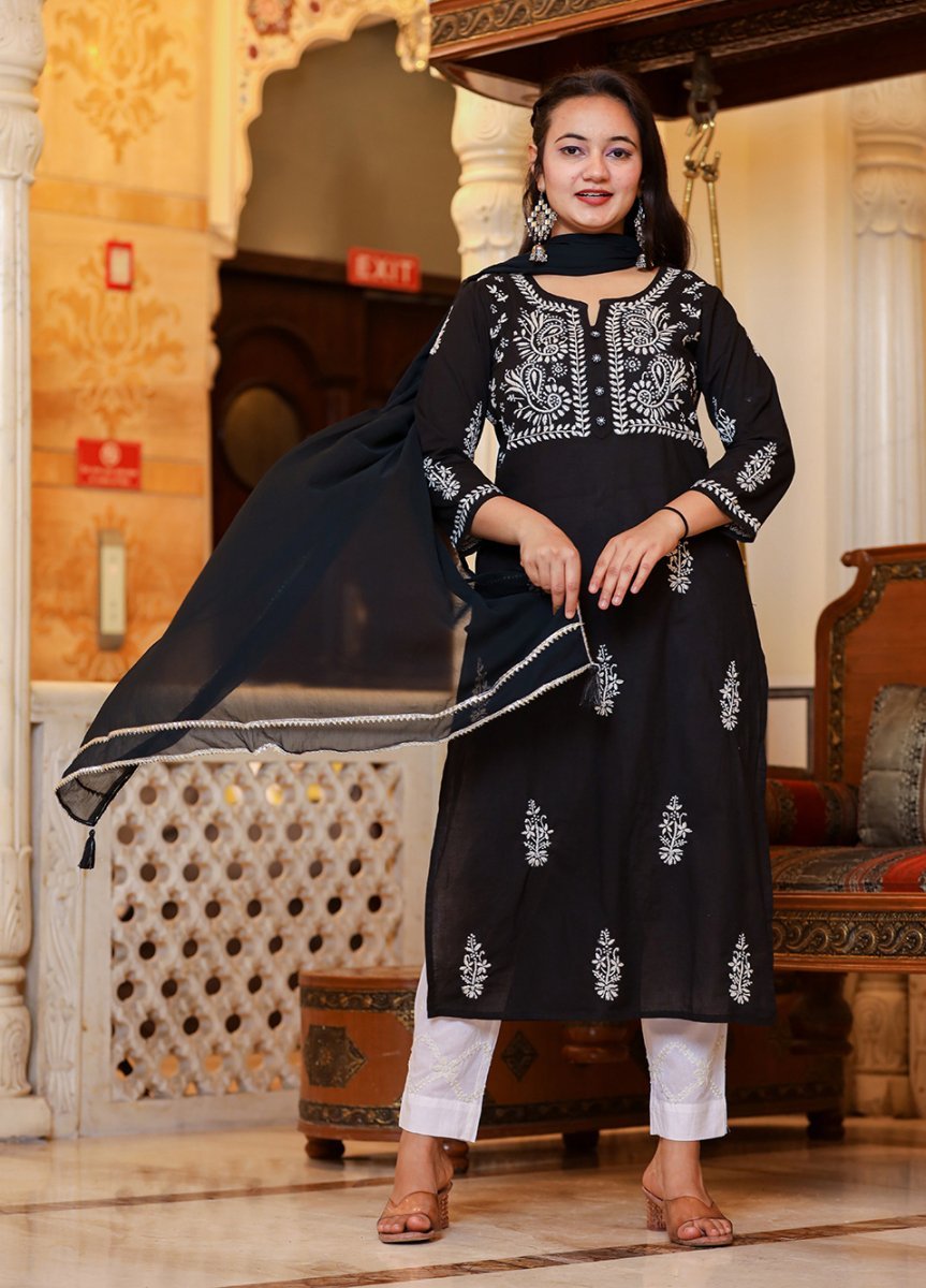 Black Lucknowi Chikankari Kurta Pant Set with Dupatta - swadeshsouq.com