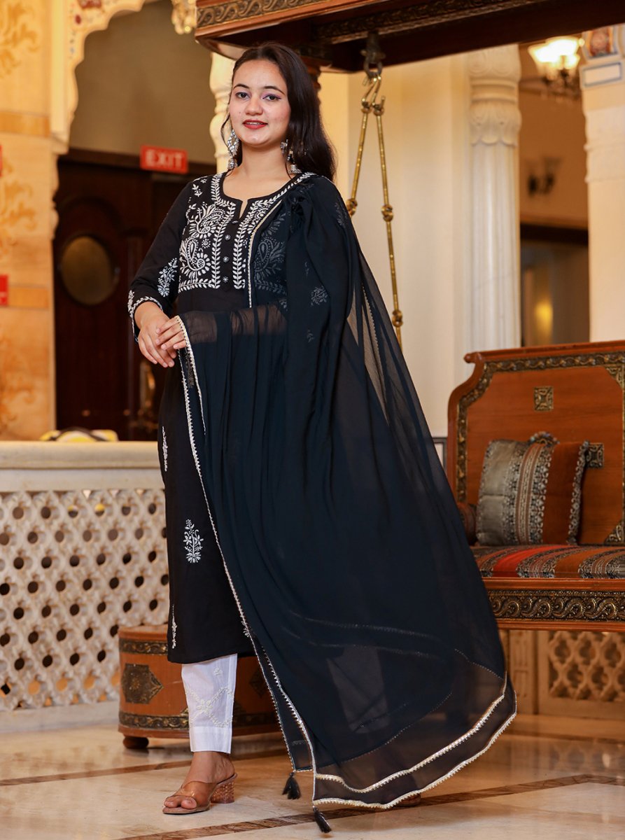 Black Lucknowi Chikankari Kurta Pant Set with Dupatta - swadeshsouq.com