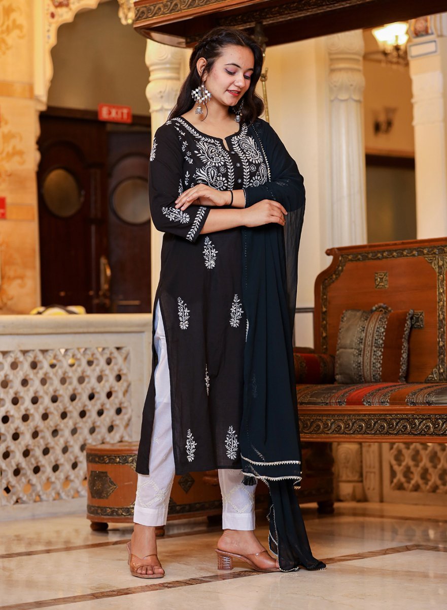 Black Lucknowi Chikankari Kurta Pant Set with Dupatta - swadeshsouq.com