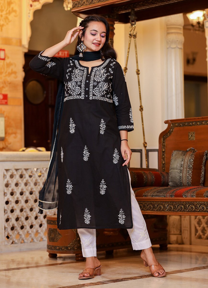 Black Lucknowi Chikankari Kurta Pant Set with Dupatta - swadeshsouq.com