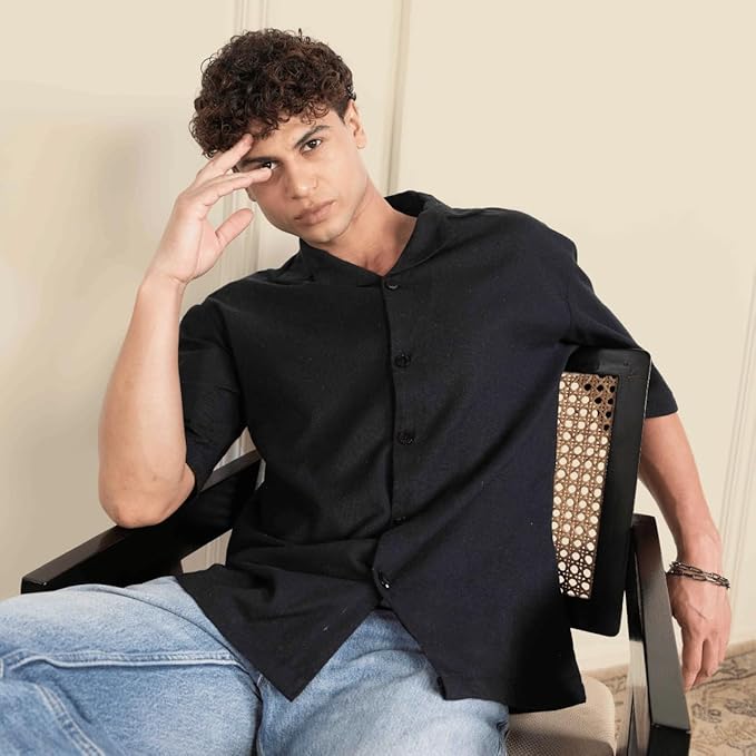Black Men’s Half Sleeve | Casual | Box Fit | Cuban Collar Shirt - swadeshsouq.com