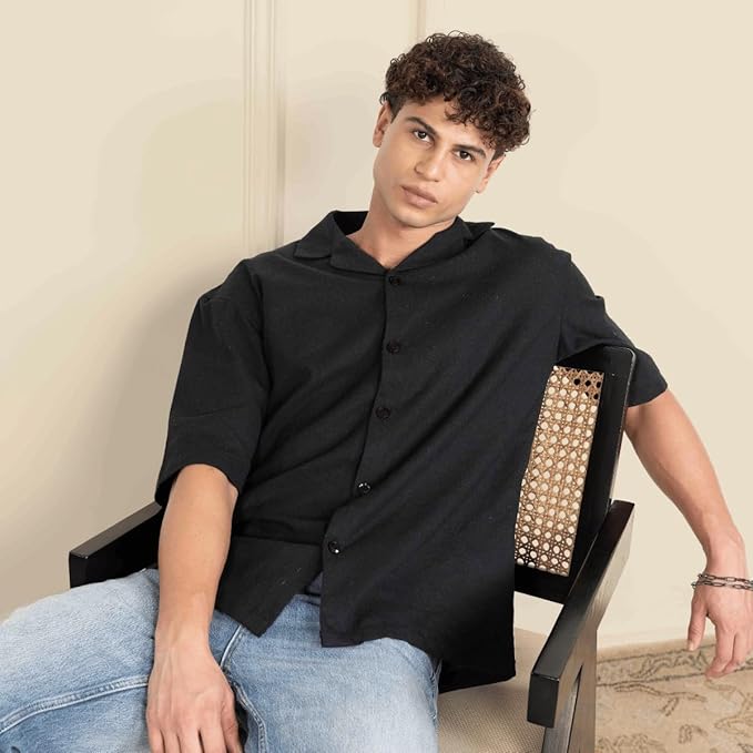 Black Men’s Half Sleeve | Casual | Box Fit | Cuban Collar Shirt - swadeshsouq.com