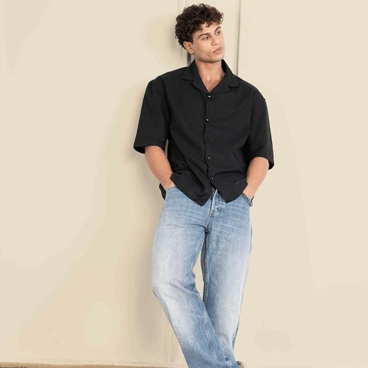 Black Men’s Half Sleeve | Casual | Box Fit | Cuban Collar Shirt - swadeshsouq.com