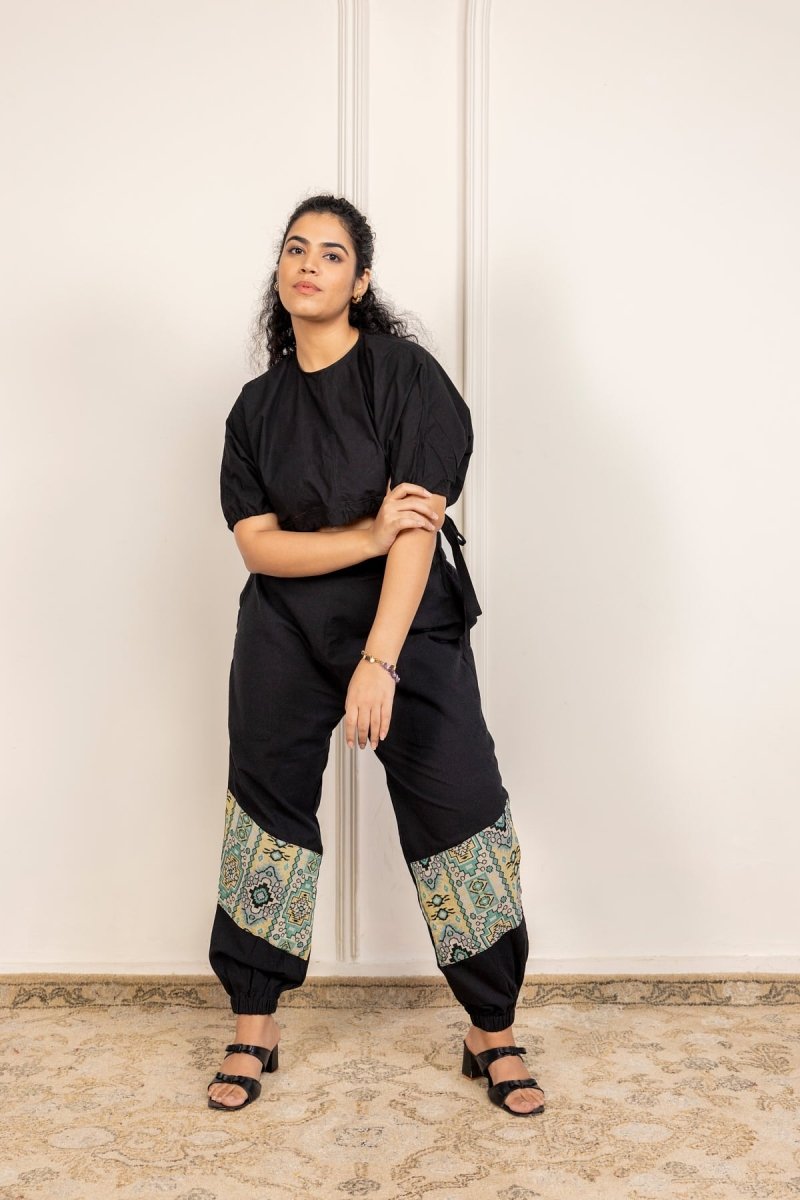 Black Pure Cotton Pants with Patchwork Detailing – Free Size, Regular Fit Lounge Wear - swadeshsouq.com