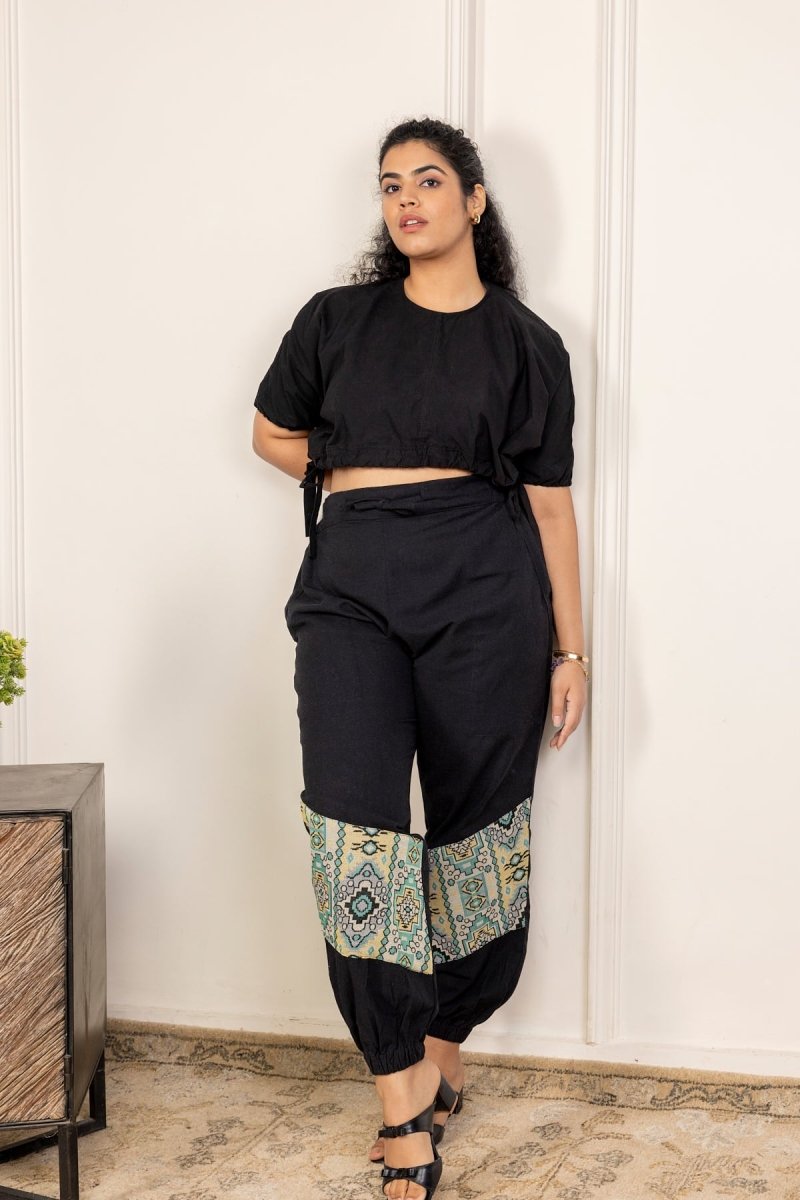 Black Pure Cotton Pants with Patchwork Detailing – Free Size, Regular Fit Lounge Wear - swadeshsouq.com