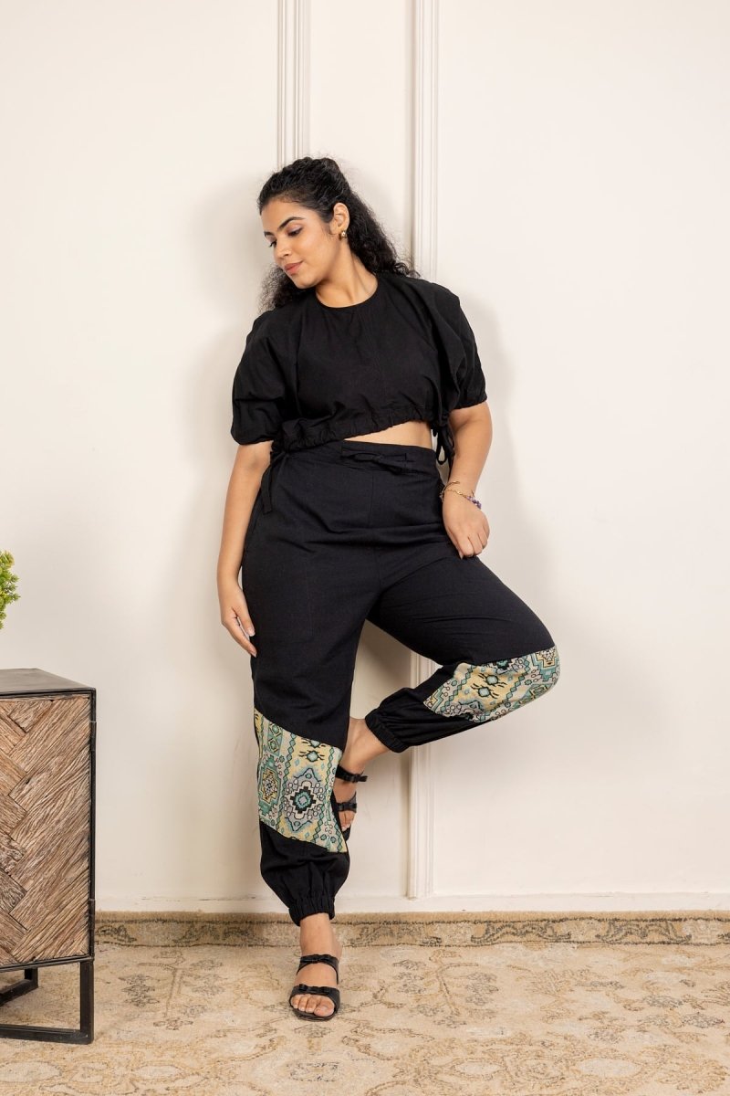 Black Pure Cotton Pants with Patchwork Detailing – Free Size, Regular Fit Lounge Wear - swadeshsouq.com