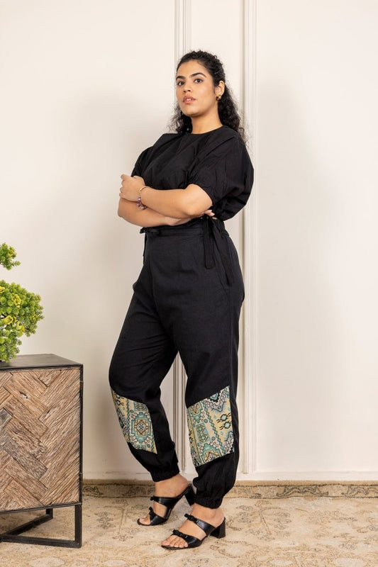 Black Pure Cotton Pants with Patchwork Detailing – Free Size, Regular Fit Lounge Wear - swadeshsouq.com
