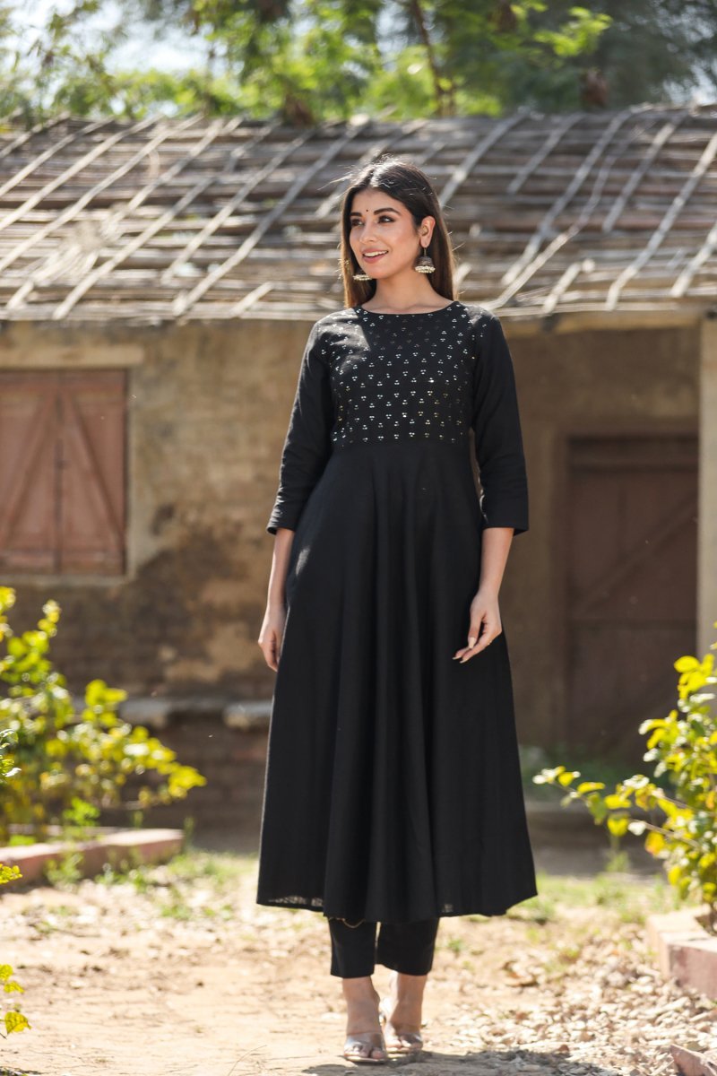 Black Sequin Cotton Anarkali Kurta – Sparkle with Grace - swadeshsouq.com