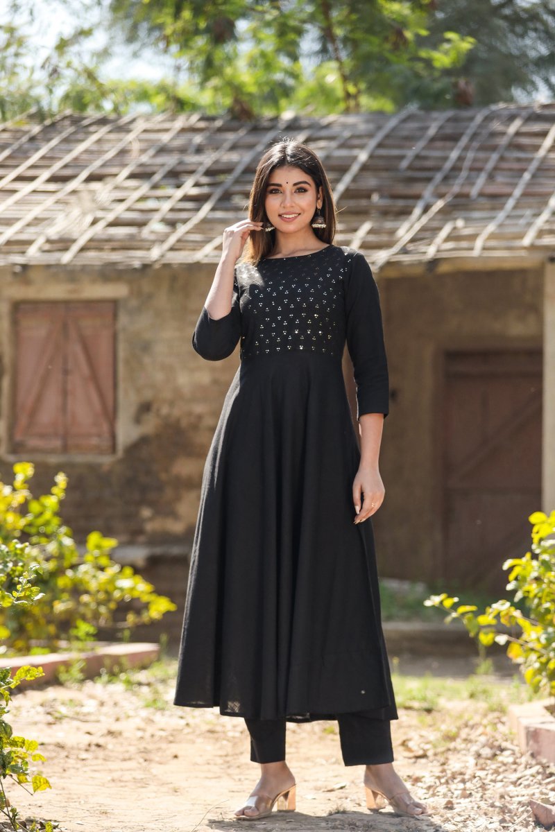 Black Sequin Cotton Anarkali Kurta – Sparkle with Grace - swadeshsouq.com