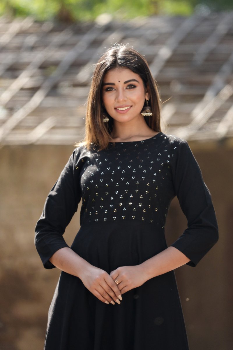 Black Sequin Cotton Anarkali Kurta – Sparkle with Grace - swadeshsouq.com