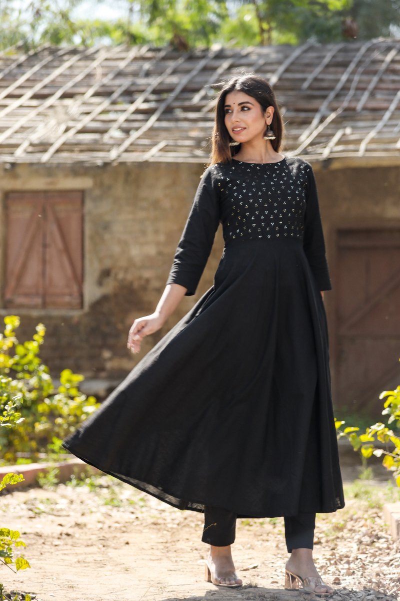 Black Sequin Cotton Anarkali Kurta – Sparkle with Grace - swadeshsouq.com