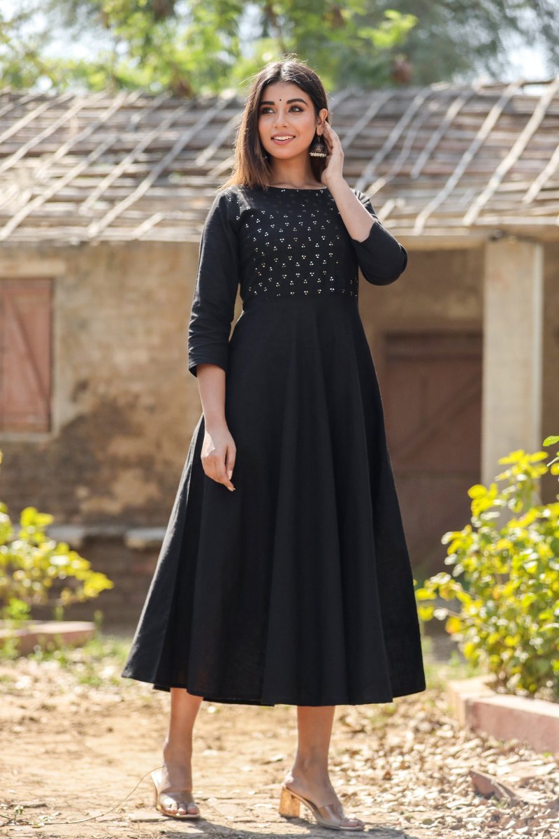 Black Sequin Cotton Anarkali Kurta – Sparkle with Grace - swadeshsouq.com