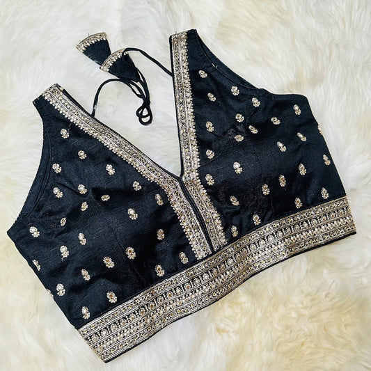 Black Silk Blouse with Exquisite Embroidery & Stone Embellishments – Adjustable Fit (32 to 36) - swadeshsouq.com