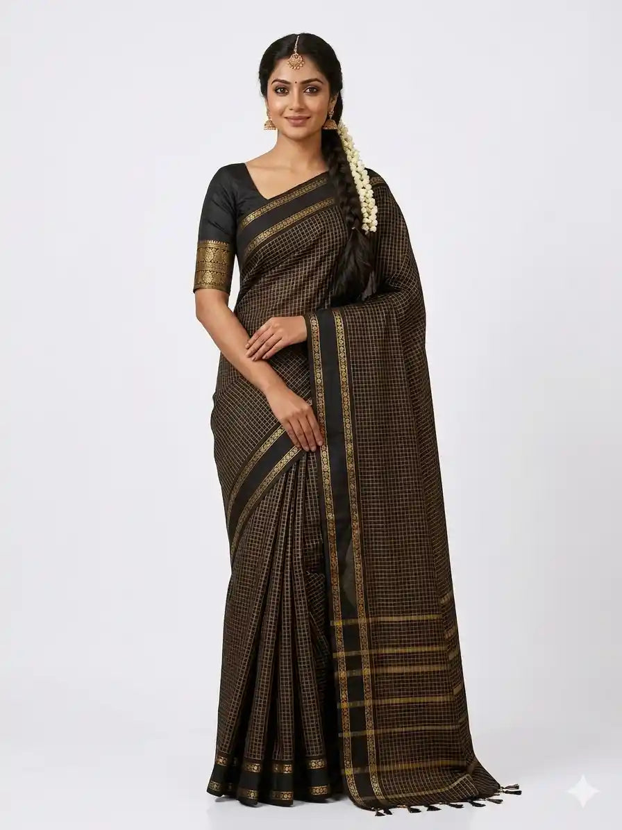 Elegant Black Silk Cotton Saree with Allover Checks & Rettapet Zari Border