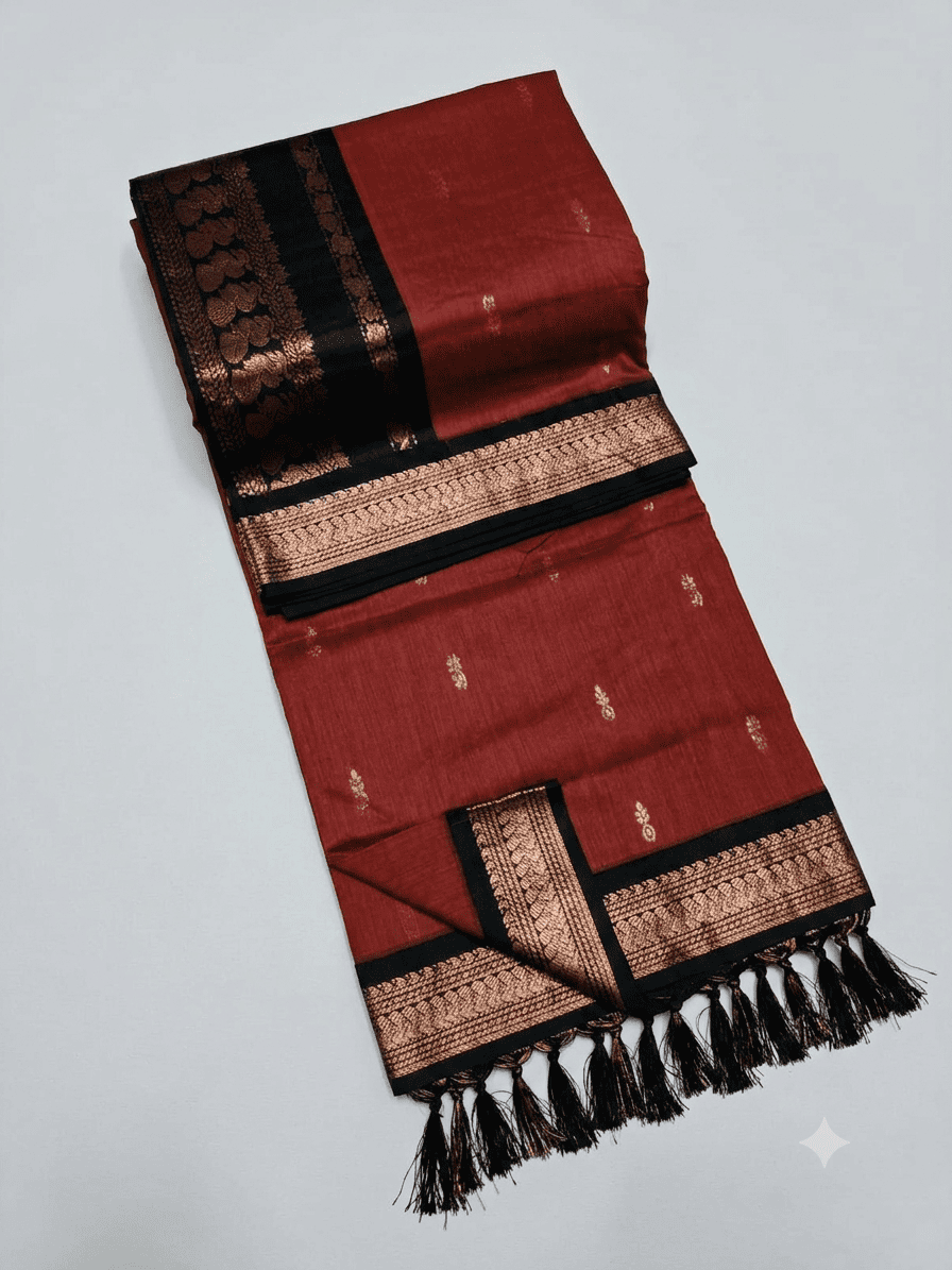 Elegant Black & Red Kalyani Cotton Saree with Peacock Zari Border & Traditional Buttis