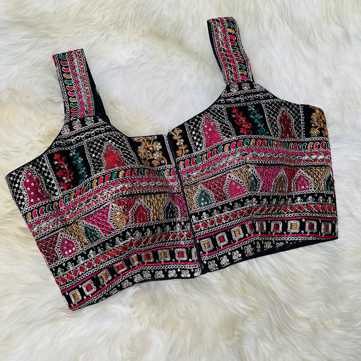 Black Georgette Blouse with All-Over Multicolor Rajasthani Embroidery | Sleeveless (Fits 32–40)