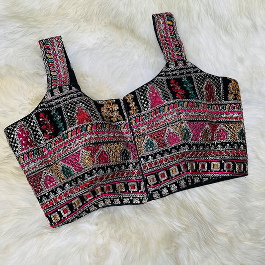Black Georgette Blouse with All-Over Multicolor Rajasthani Embroidery | Sleeveless (Fits 32–40)