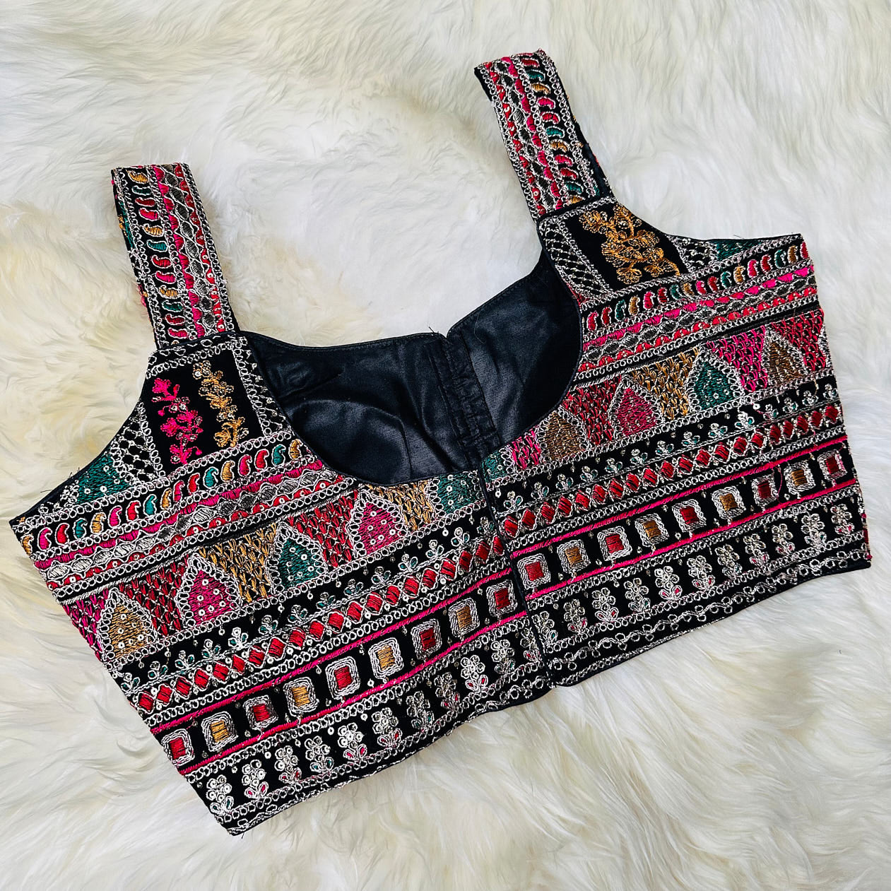 Black Georgette Blouse with All-Over Multicolor Rajasthani Embroidery | Sleeveless (Fits 32–40)