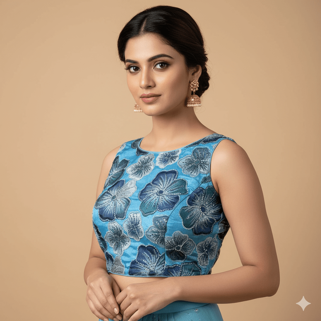 Blue Chinnon Blouse with Bright Floral Embroidery, Beads & Sequins | Sleeves Included (Fits 32–40) - swadeshsouq.com