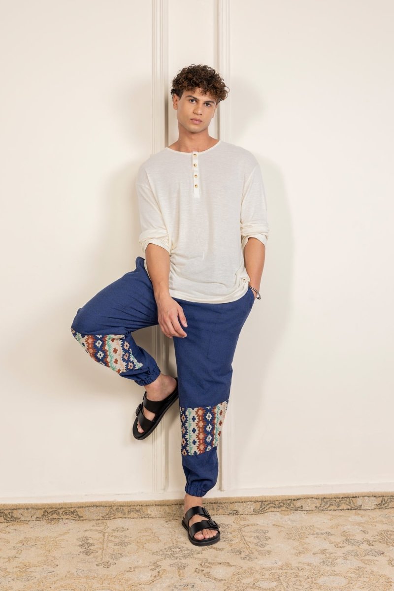 Blue Cotton Pants with Patchwork for Men – Soft, Breathable Lounge Wear | Regular Fit | Artistic Bottom Detailing - swadeshsouq.com