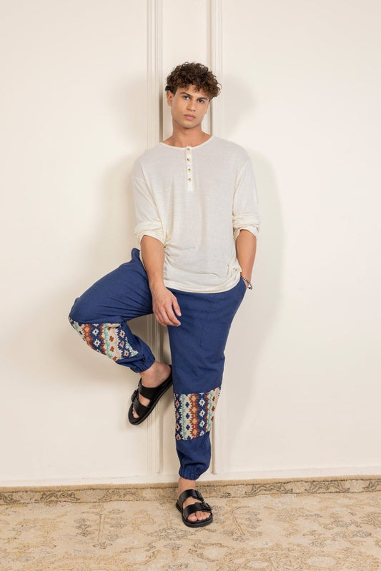 Blue Cotton Pants with Patchwork for Men – Soft, Breathable Lounge Wear | Regular Fit | Artistic Bottom Detailing - swadeshsouq.com