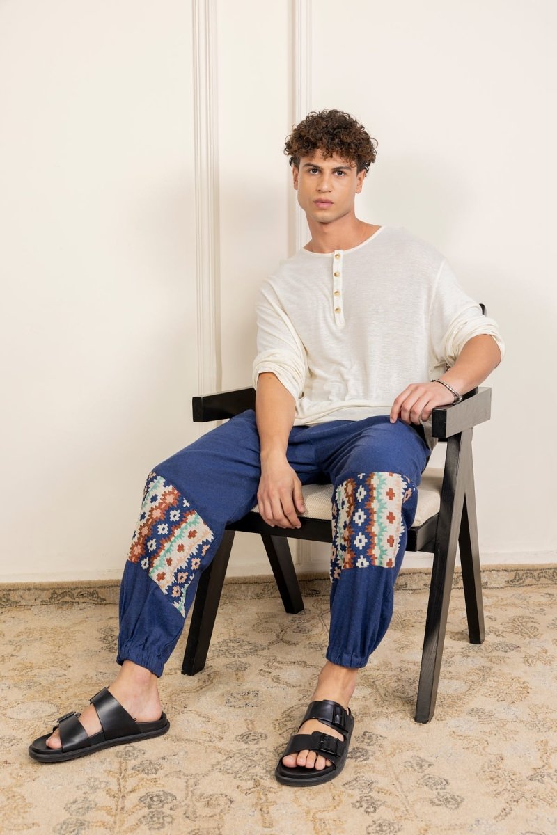 Blue Cotton Pants with Patchwork for Men – Soft, Breathable Lounge Wear | Regular Fit | Artistic Bottom Detailing - swadeshsouq.com