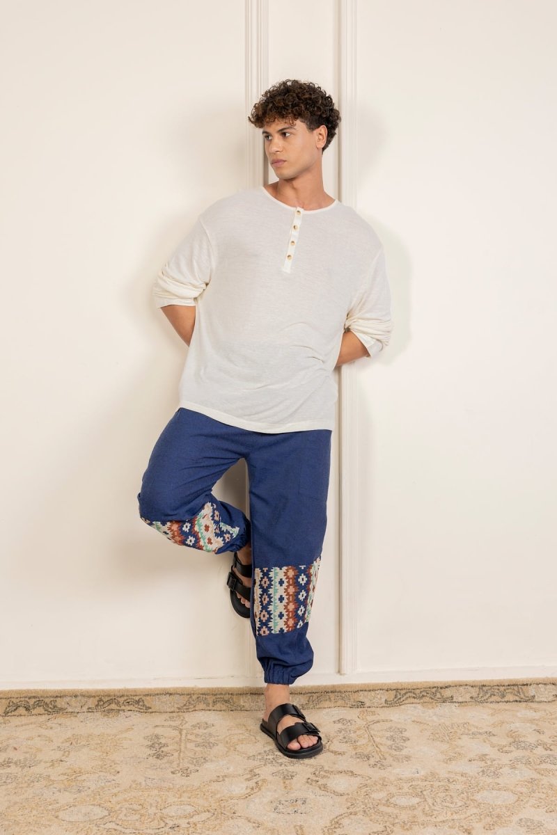 Blue Cotton Pants with Patchwork for Men – Soft, Breathable Lounge Wear | Regular Fit | Artistic Bottom Detailing - swadeshsouq.com