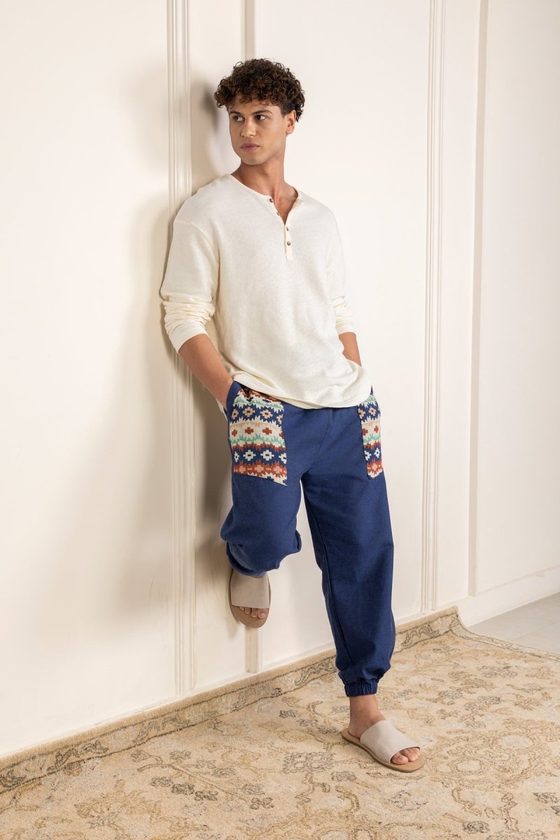 Blue Cotton Patchwork Pyjama for Men – Soft, Breathable Lounge Wear | Regular Fit | Everyday Comfort - swadeshsouq.com