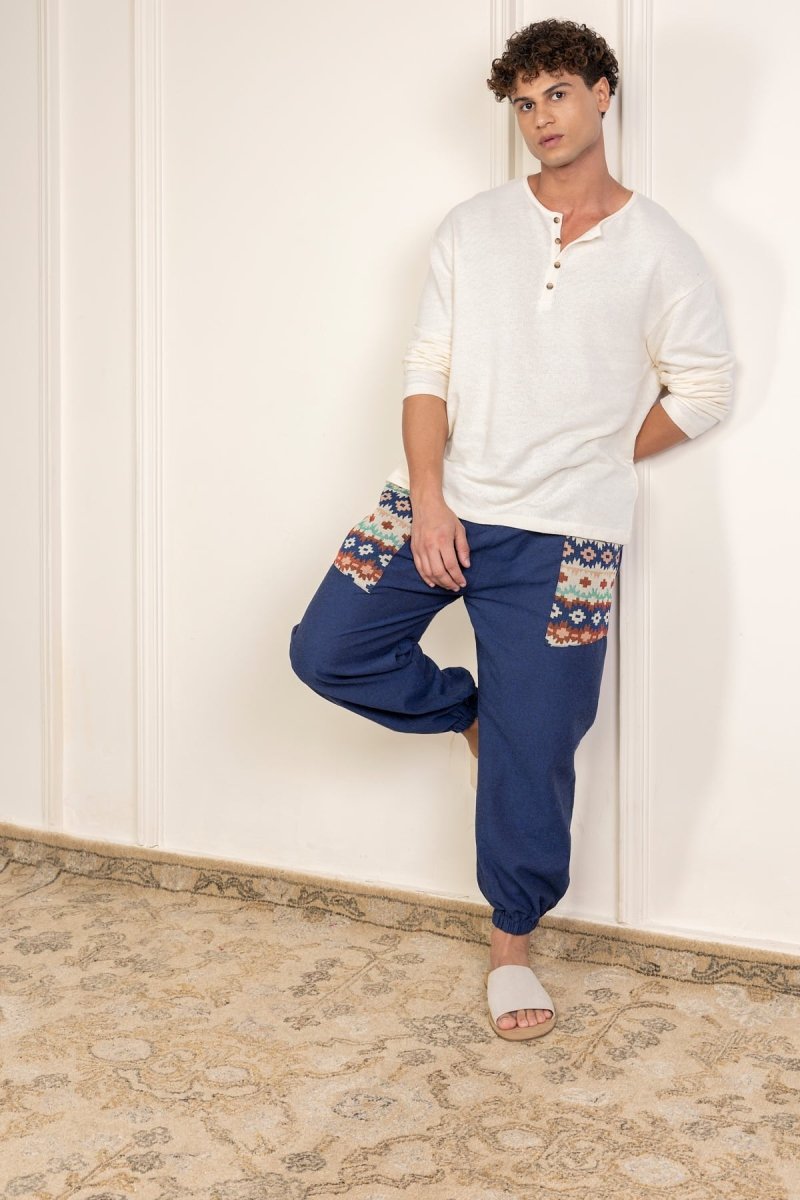 Blue Cotton Patchwork Pyjama for Men – Soft, Breathable Lounge Wear | Regular Fit | Everyday Comfort - swadeshsouq.com