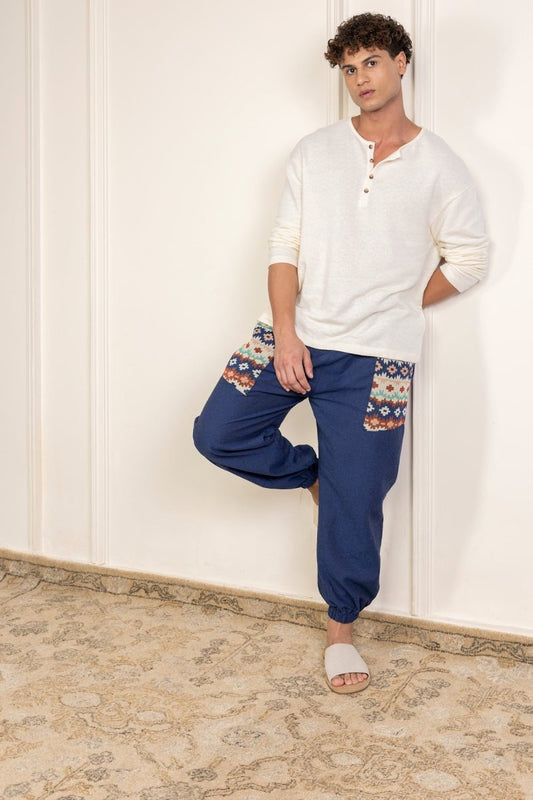 Blue Cotton Patchwork Pyjama for Men – Soft, Breathable Lounge Wear | Regular Fit | Everyday Comfort - swadeshsouq.com