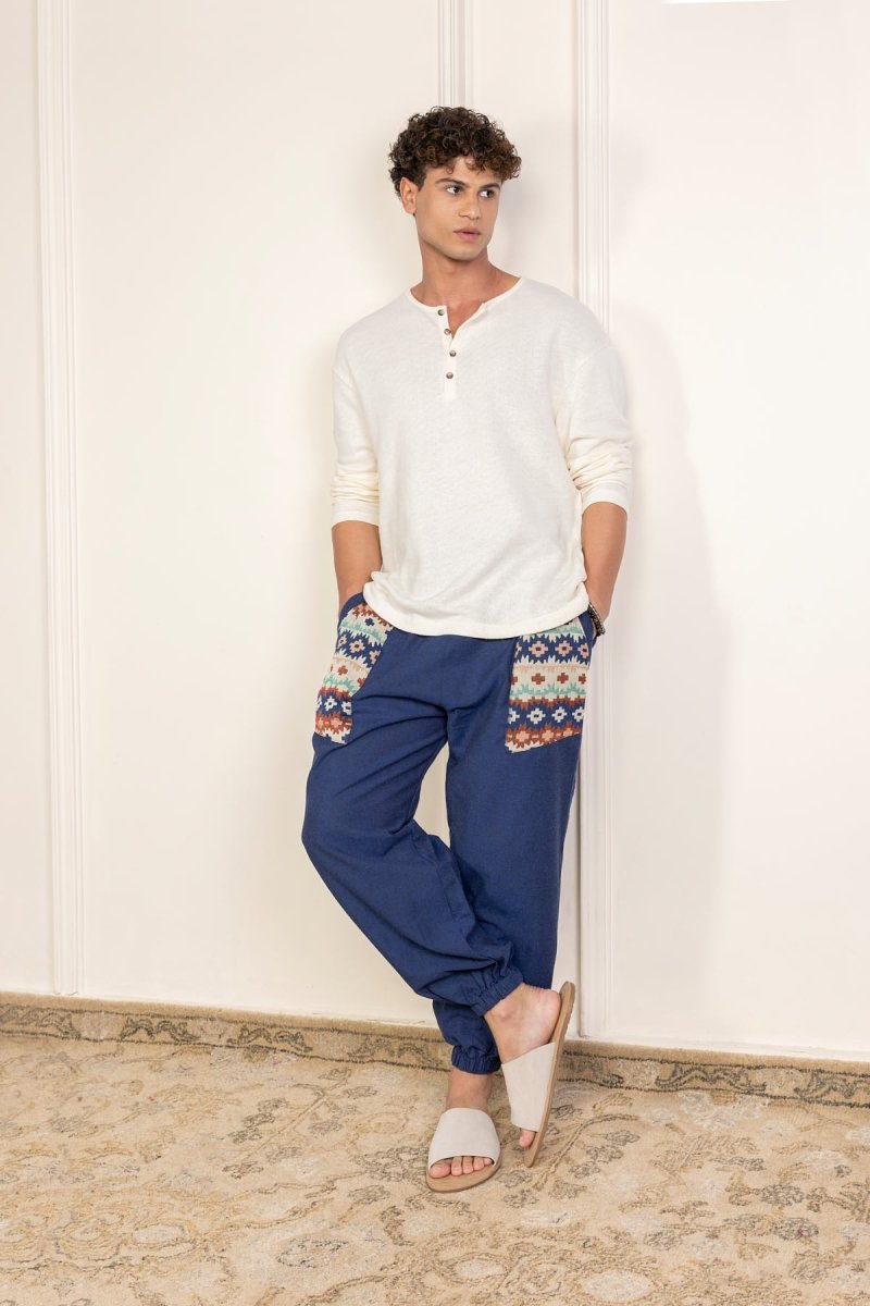 Blue Cotton Patchwork Pyjama for Men – Soft, Breathable Lounge Wear | Regular Fit | Everyday Comfort - swadeshsouq.com