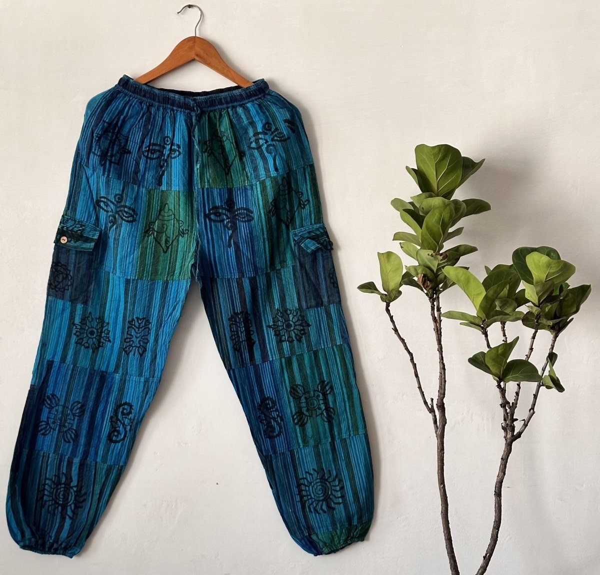 Blue - Green Patchwork Balloon Fit Cotton Pants | Naturally Dyed with Tribal - Inspired Prints - swadeshsouq.com