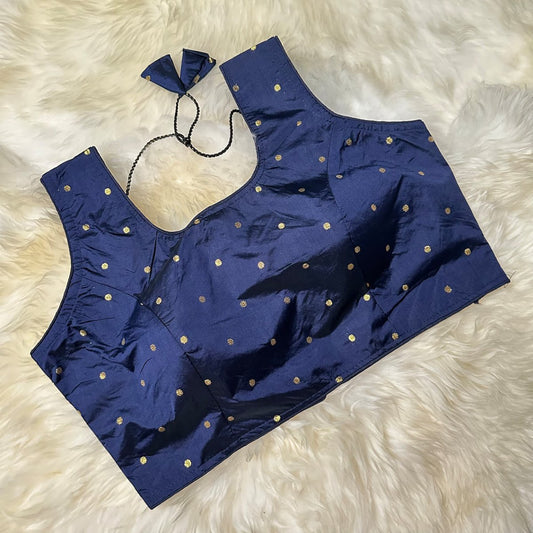 Blue Silk Blouse with Intricate Golden Zari Butta – Elegant & Timeless - swadeshsouq.com