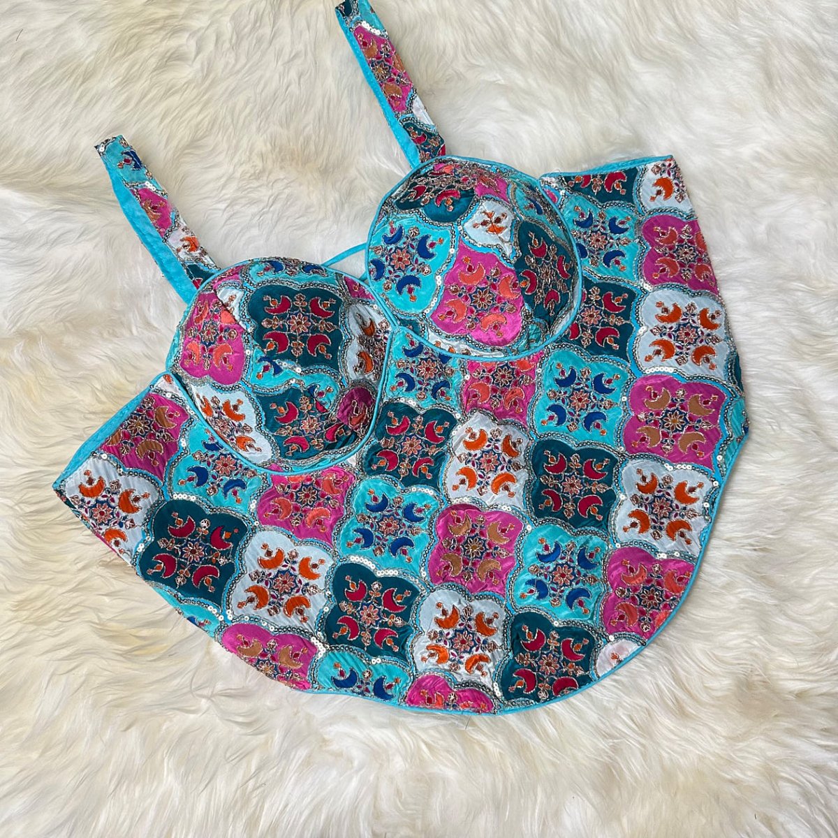 Blue Viscose Crepe Sleeveless Blouse with Sequin Embroidery | Size 32–40 - swadeshsouq.com