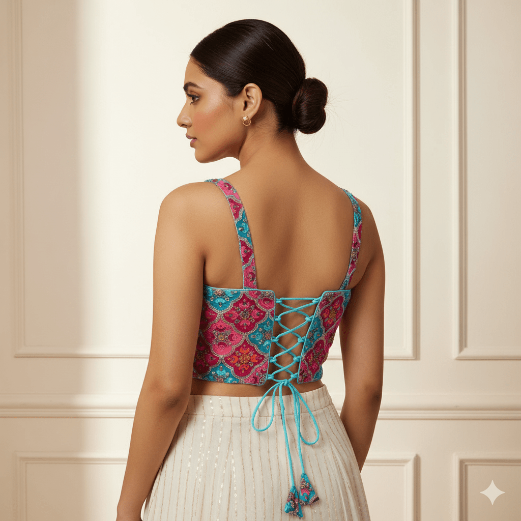 Blue Viscose Crepe Sleeveless Blouse with Sequin Embroidery | Size 32–40 - swadeshsouq.com