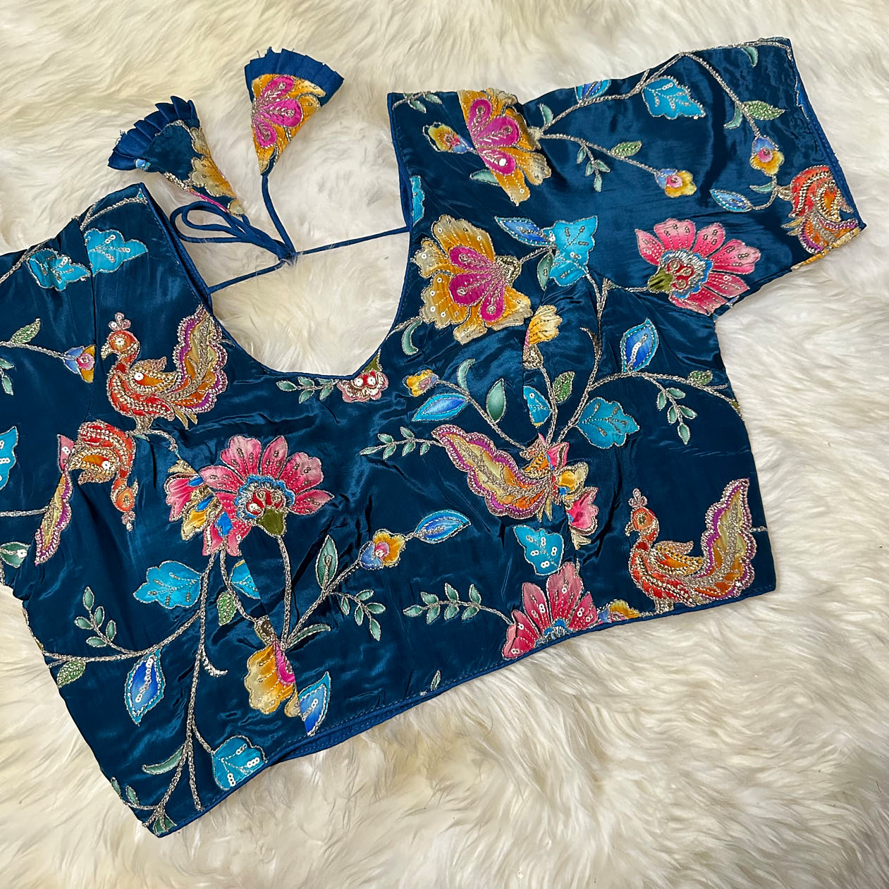 "Teal Blue" Viscose Crepe Embroidered Blouse