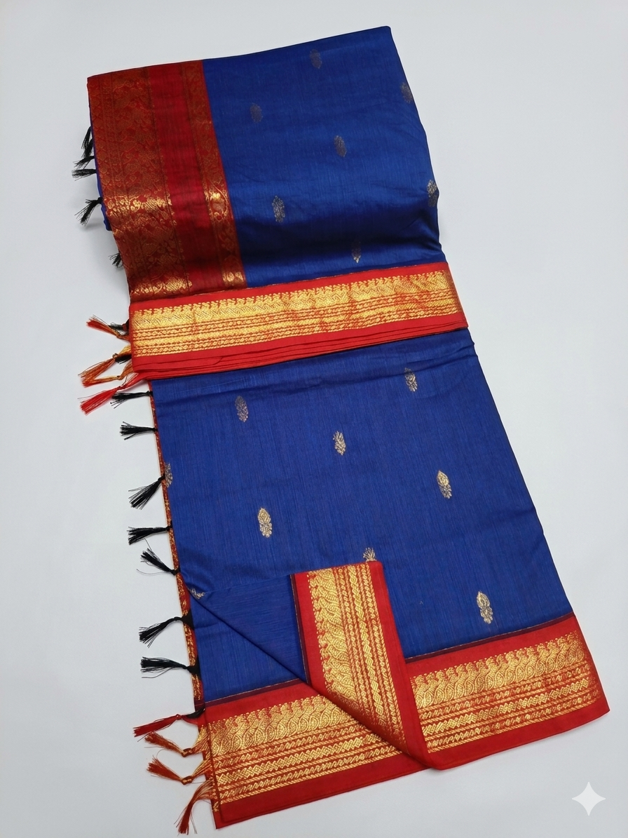 Elegant Blue & Red Kalyani Cotton Silk Saree with Rich Zari Woven Peacock Border