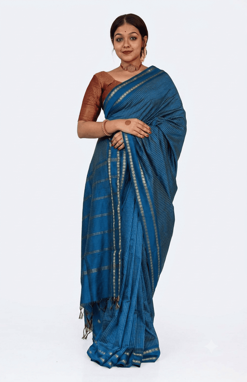 Elegant Teal Blue Kalyani Silk Cotton Saree with All-Over Checks & Repeated Zari Border