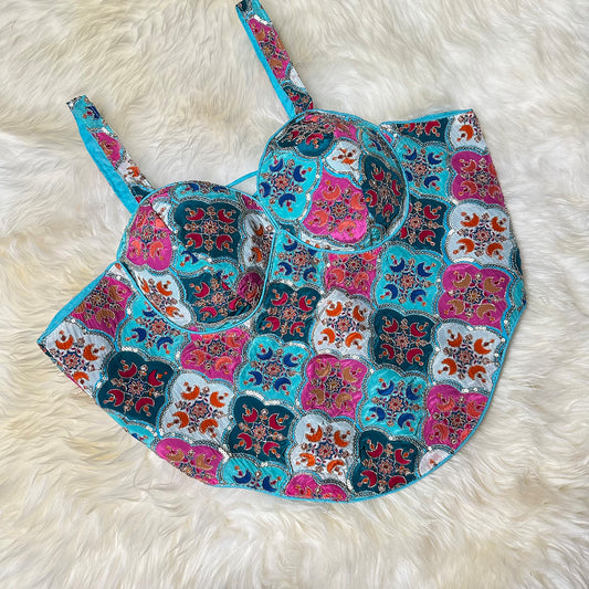 Blue Viscose Crepe Sleeveless Blouse with Sequin Embroidery | Size 32–40
