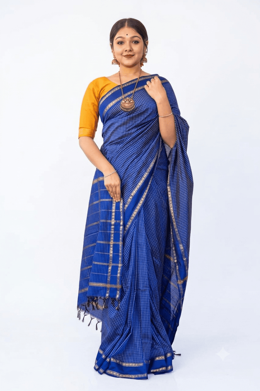 Elegant Blue Kalyani Silk Cotton Saree with All-Over Checks & Repeated Zari Border