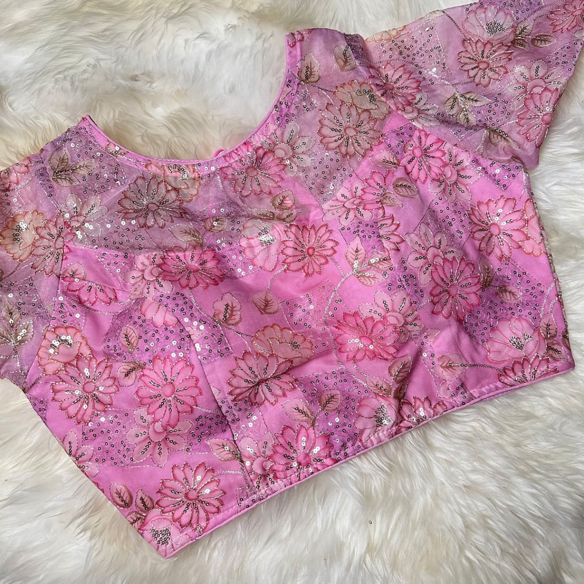 Blush Pink Organza Silk Blouse with Floral Sequin Work – Full Sleeves, Laced Back, Fits 32–40 - swadeshsouq.com