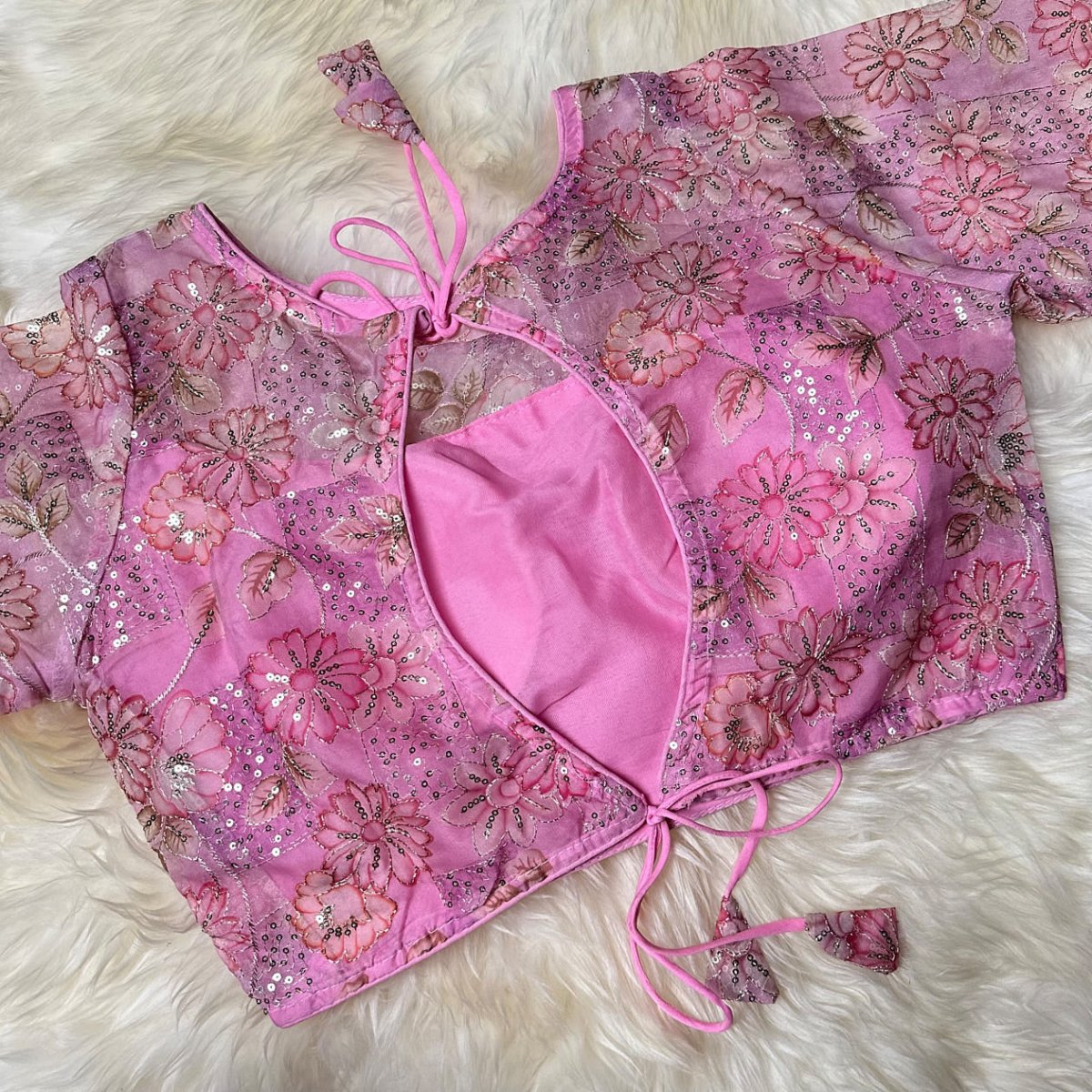Blush Pink Organza Silk Blouse with Floral Sequin Work – Full Sleeves, Laced Back, Fits 32–40 - swadeshsouq.com