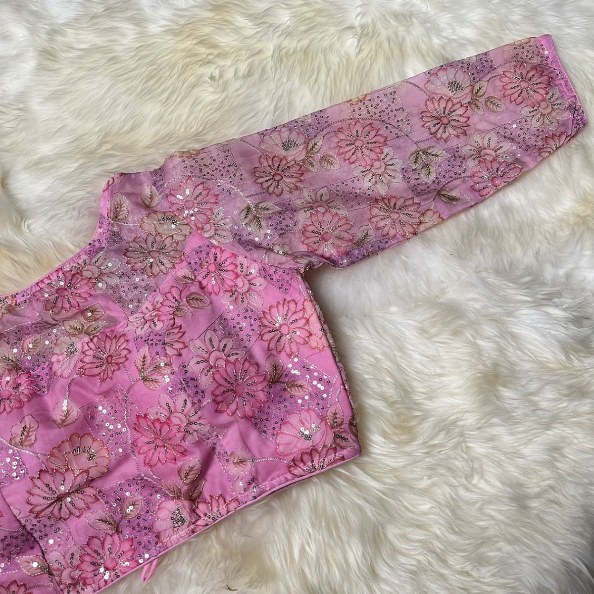 Blush Pink Organza Silk Blouse with Floral Sequin Work – Full Sleeves, Laced Back, Fits 32–40 - swadeshsouq.com