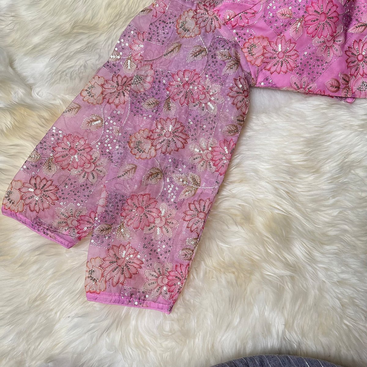 Blush Pink Organza Silk Blouse with Floral Sequin Work – Full Sleeves, Laced Back, Fits 32–40 - swadeshsouq.com