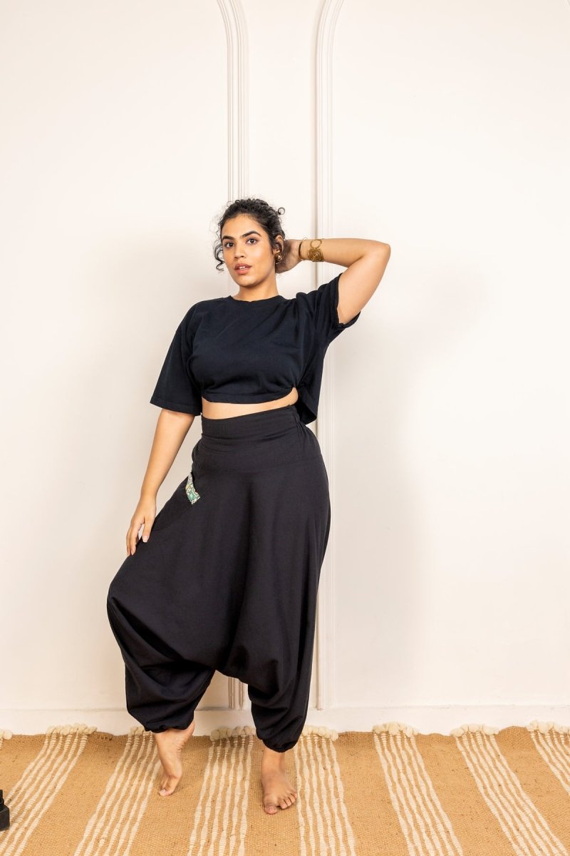 Bohemian Harem Pants with Side Patch - Black | Yoga Wear | Casual Wear - swadeshsouq.com